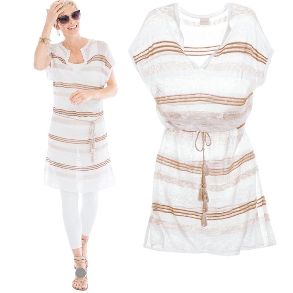 Chico's Striped Belted Semi Sheer Mesh Tunic Beach Coverup Size Small